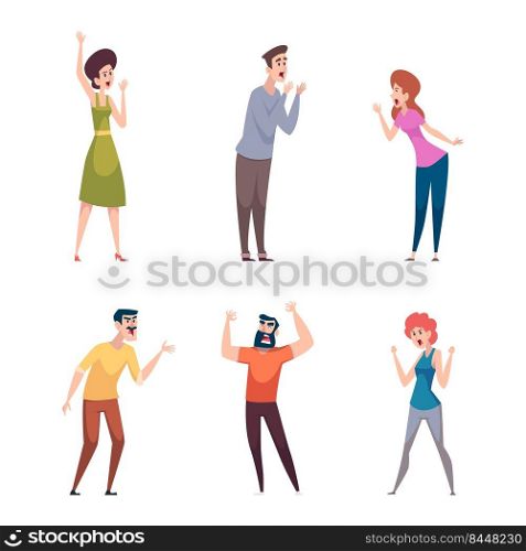 Screaming characters. Conflict angry people couples abuse thrilling destructive conversation bad solutions exact vector cartoon persons. Illustration of character angry conflict and quarrel. Screaming characters. Conflict angry people couples abuse thrilling destructive conversation bad solutions exact vector cartoon persons