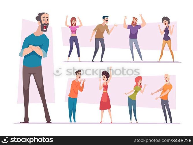 Screaming people. Angry couples in bad solution destructive business connection thrilling persons exact vector illustrations collection isolated. Angry scream conflict, emotion shout. Screaming people. Angry couples in bad solution destructive business connection thrilling persons exact vector illustrations collection isolated