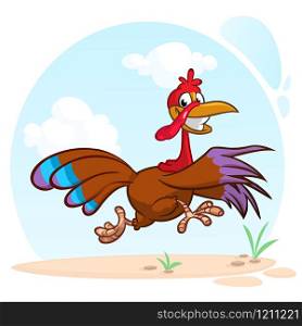 Screaming running cartoon turkey bird character. Vector illustration of turkey escape
