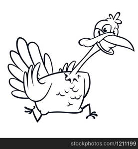 Screaming running cartoon turkey bird character. Vector illustration of turkey escape for coloring book. Black and white strokes