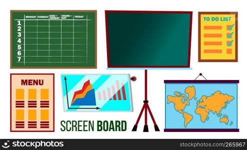Screen Board Set Vector. Business, Education, School Display Board. Demonstration Frame. Isolated Flat Cartoon Illustration. Screen Board Set Vector. Business, Education, School Display Board. Demonstration Frame. Isolated Cartoon Illustration