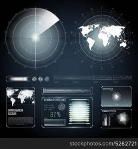 Screen Elements Of Search Radar Set. Set of screen white elements of search radar including world map on black background isolated vector illustration