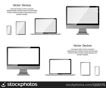 Screen mockup. Realistic Computer monitor, Laptop, Tablet and Phone with transparent and white screens. Electronic Devices and Gadgets, isolated on white background. Vector illustration.