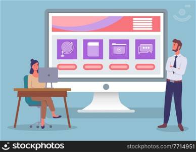 Screen of computer with educational, promotional icons. Office workers developing, creating social website. Businesspeople working in internet, woman sitting at table, executive man standing smiling. Screen of computer with educational, promotional icons, office workers developing, creating website