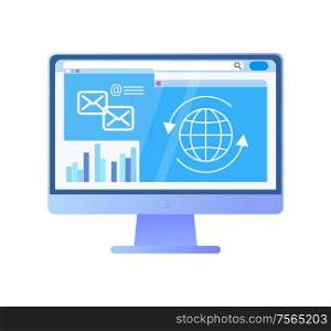 Screen of computer with information globe data vector. Monitor and messages business correspondence, isolated icon of gadget with charts infographics. Screen of Computer with Information Globe Data