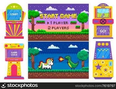 Screen of start and over game, gambling colorful machine, race and space war. Duel of dragon and unicorn heroes, dark view of platform, player vector, gaming pixel 8 bit computer machinery. Pixel Game Set, Duel of Heroes, Machine Vector
