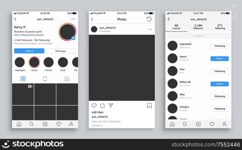 Screen of webpage, mobile interface vector. Photo mockup for social network following and followers, separate photo, likes and profile page as whole. Photo Mockup for Social Network, Screen Vector