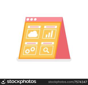 Screen template with cloud, chart and searching, settings icons, empty web page of digital device. Abstract yellow interface of app, installation vector. Cloud and Chart, Searching and Settings App Vector
