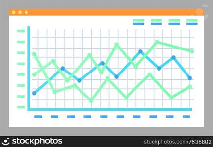 Screen with graphs and diagrams vector isolated page. Crowdfunding information on display, growth and fall of financial statistics, monitoring of rates. Screen with Graphs Diagrams Vector Isolated Page