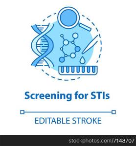 Screening for STIs concept icon. Venereal diseases exam idea thin line illustration. Medical checkup. Sexually transmitted infections. Unprotected sex. Vector isolated outline drawing. Editable stroke