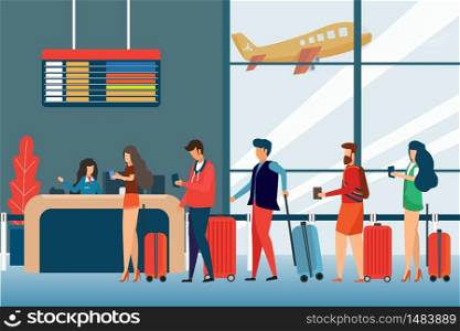 Screening Passengers, Check In Airport Group Of Mix Race Passengers Standing In Queue To Counter, Departures Board Concept Flat Design. Travel and Tourist Concept Vector Illustration