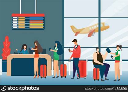 Screening Passengers, Check In Airport Group Of Mix Race Passengers Standing In Queue To Counter, Departures Board Concept Flat Design. Travel and Tourist Concept Vector Illustration