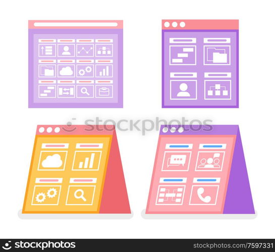 Screens with infographics and user icon vector. Profile and cell phone, telephone and magnifying glass, zoom and chatting sign on board, clipboard. Business Statistics Data, Infographics on Screen