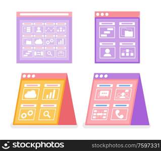 Screens with infographics and user icon vector. Profile and cell phone, telephone and magnifying glass, zoom and chatting sign on board, clipboard. Business Statistics Data, Infographics on Screen