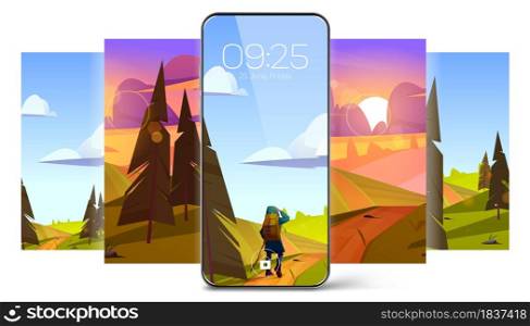 Screensaver wallpapers for smartphone with summer landscape with trees, fields and girl hiker. Vector illustration of mobile phone with set of cartoon backgrounds with sunset, woman and nature. Smartphone screensaver wallpapers with fields