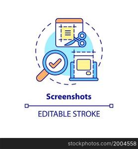Screenshots concept icon. Capture work software screen on computer. Employee monitoring abstract idea thin line illustration. Vector isolated outline color drawing. Editable stroke. Screenshots concept icon