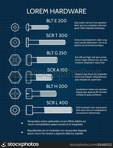 Screw and screw heads technical blueprint. Screw and screw heads drawing. Industrial hardware company technical blueprint template, vector illustration