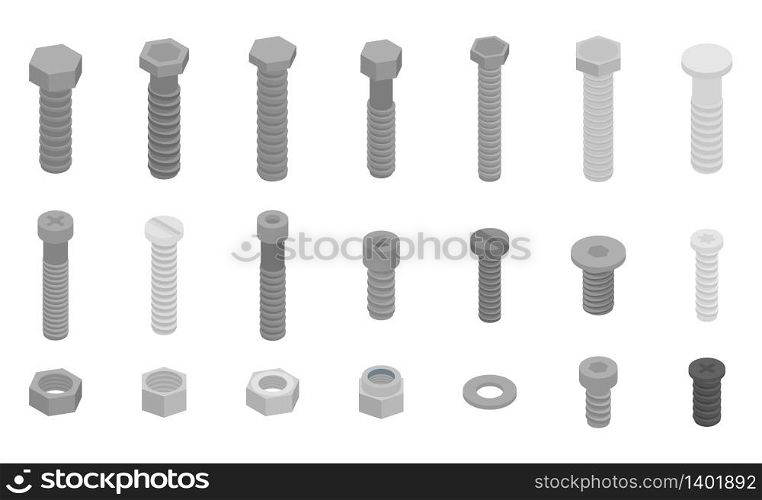 Screw-bolt icons set. Isometric set of screw-bolt vector icons for web design isolated on white background. Screw-bolt icons set, isometric style