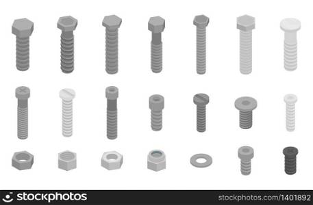 Screw-bolt icons set. Isometric set of screw-bolt vector icons for web design isolated on white background. Screw-bolt icons set, isometric style