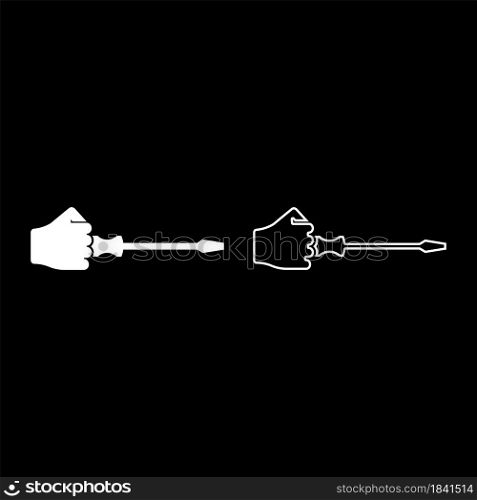 Screw driver in hand tool in use Arm with screwdriver for unscrewing icon white color vector illustration flat style simple image set. Screw driver in hand tool in use Arm with screwdriver for unscrewing icon white color vector illustration flat style image set