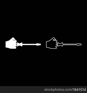 Screw driver in hand tool in use Arm with screwdriver for unscrewing icon white color vector illustration flat style simple image set. Screw driver in hand tool in use Arm with screwdriver for unscrewing icon white color vector illustration flat style image set