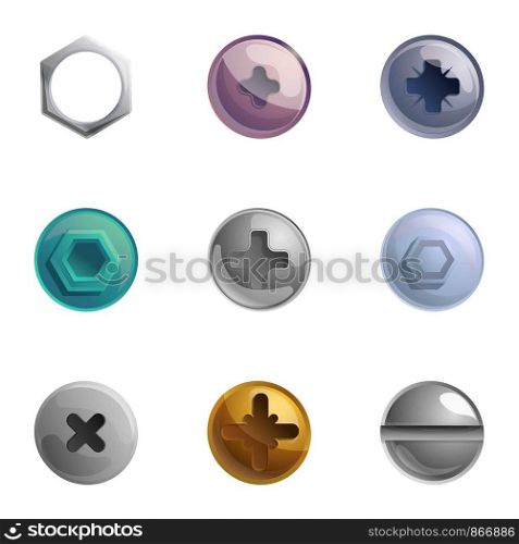 Screw head icon set. Cartoon set of 9 screw head vector icons for web design isolated on white background. Screw head icon set, cartoon style