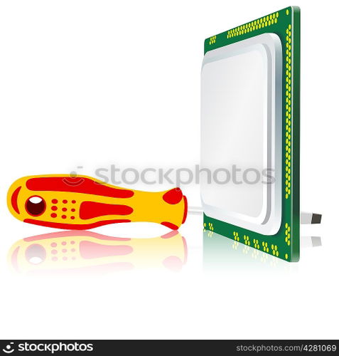 screwdriver and computer processor on a white background