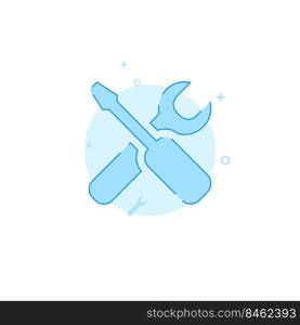 Screwdriver and wrench vector icon. Flat illustration. Filled line style. Blue monochrome design.. Screwdriver and wrench flat vector icon. Filled line style. Blue monochrome design.