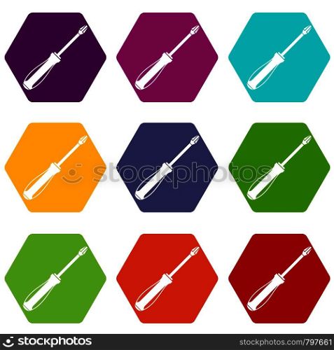 Screwdriver icon set many color hexahedron isolated on white vector illustration. Screwdriver icon set color hexahedron