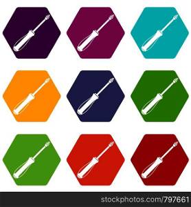 Screwdriver icon set many color hexahedron isolated on white vector illustration. Screwdriver icon set color hexahedron