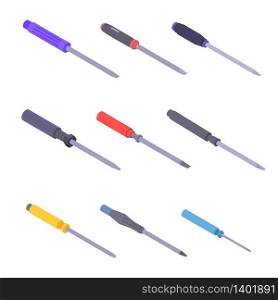 Screwdriver icons set. Isometric set of screwdriver vector icons for web design isolated on white background. Screwdriver icons set, isometric style