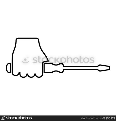 Screwdriver in hand contour outline line icon black color vector illustration image thin flat style simple. Screwdriver in hand contour outline line icon black color vector illustration image thin flat style