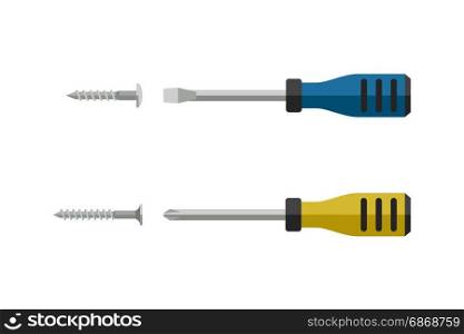 Screwdrivers with screws in flat style. Vector illustration of tools