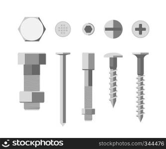 Screws and bolts in flat style. Illustration of metallic fixing elements.. Screws and bolts
