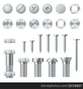 Screws, bolts, nuts, nails and rivets realistic vector design elements. Screws, bolts, nuts, nails and rivets for fastening and fixing. Vector illustration design elements