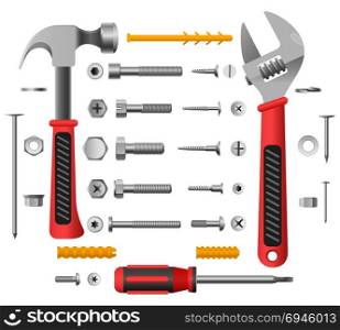 Screws, nuts and tools. Screws, nuts and tools. Nail and screw isolated on white background, screwdriver and hammer vector illustration