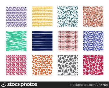 Scribble and dotted hand drawn vector seamless textures. Rough linear and wavy backgrounds set. Color scribble rough texture pattern illustration. Scribble and dotted hand drawn vector seamless textures. Rough linear and wavy backgrounds set