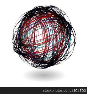 scribble ball with shadow and red and blue lines