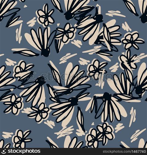 Scribble flower seamless pattern on gray background. Hand drawn floral endless wallpaper. Decorative backdrop for fabric design, textile print, wrapping paper, cover. Vector illustration. Scribble flower seamless pattern on gray background. Hand drawn floral endless wallpaper.