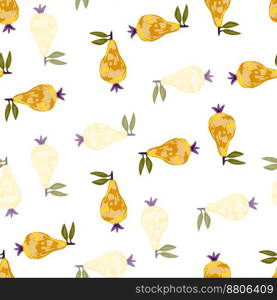 Scribble pears seamless pattern. Hand drawn fruits botanical backdrop. Naive art style. Creative design for fabric, textile print, wrapping paper, children textile, surface. Vector illustration. Scribble pears seamless pattern. Hand drawn fruits botanical backdrop. Naive art style.