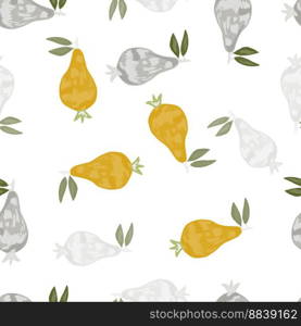 Scribble pears seamless pattern. Hand drawn fruits botanical backdrop. Naive art style. Creative design for fabric, textile print, wrapping paper, children textile, surface. Vector illustration. Scribble pears seamless pattern. Hand drawn fruits botanical backdrop. Naive art style.