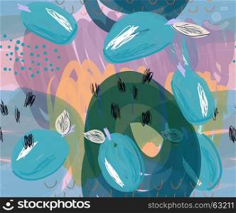 Scribbled blue plums on marker purple details.Creative abstract colorful seamless pattern. Tribal ethnic motives. Universal bright background for greeting cards, invitations. Had drawn ink and marker texture.