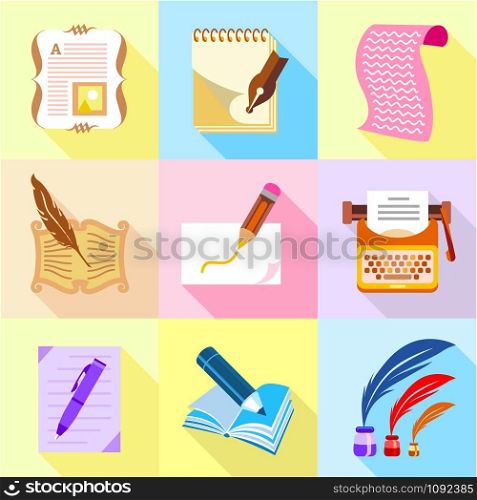 Scribe icons set. Cartoon set of 9 scribe vector icons for web isolated on white background. Scribe icons set, cartoon style