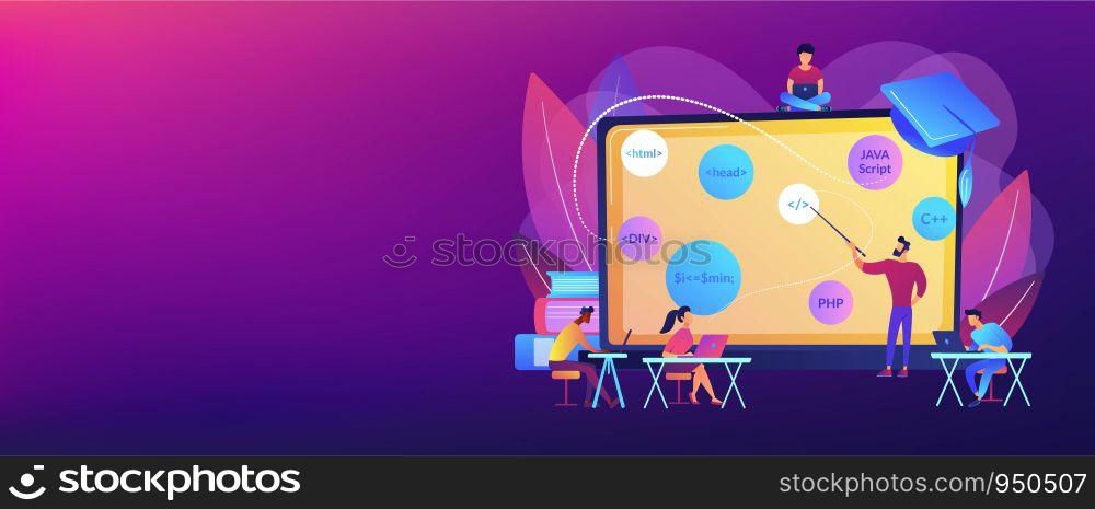 Script writing, software engineering. Coding workshop, code created workshop, online programming course, apps and games development class concept. Header or footer banner template with copy space.. Coding workshop concept banner header