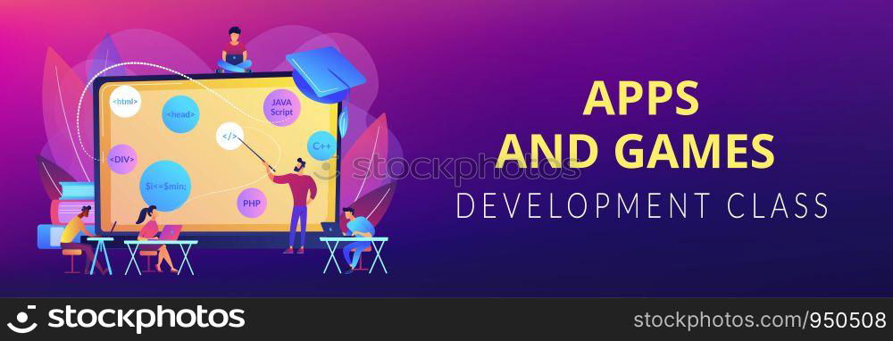 Script writing, software engineering. Coding workshop, code created workshop, online programming course, apps and games development class concept. Header or footer banner template with copy space.. Coding workshop concept banner header