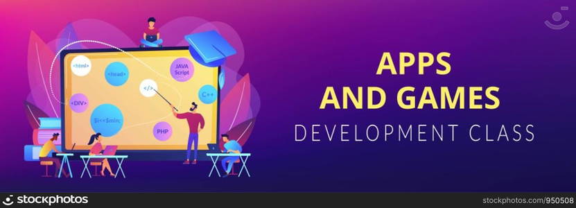 Script writing, software engineering. Coding workshop, code created workshop, online programming course, apps and games development class concept. Header or footer banner template with copy space.. Coding workshop concept banner header
