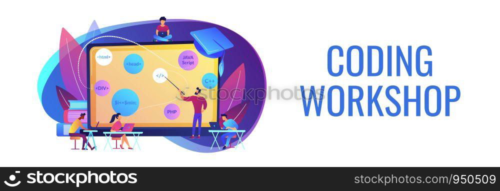 Script writing, software engineering. Coding workshop, code created workshop, online programming course, apps and games development class concept. Header or footer banner template with copy space.. Coding workshop concept banner header