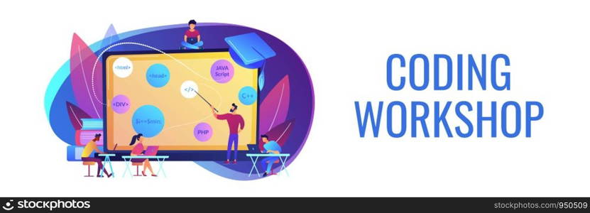 Script writing, software engineering. Coding workshop, code created workshop, online programming course, apps and games development class concept. Header or footer banner template with copy space.. Coding workshop concept banner header