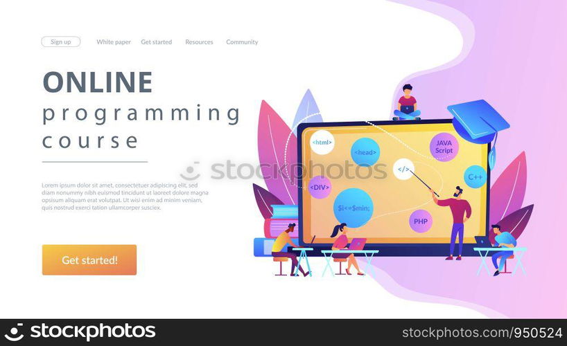 Script writing, software engineering. Coding workshop, code created workshop, online programming course, apps and games development class concept. Website homepage landing web page template.. Coding workshop concept landing page