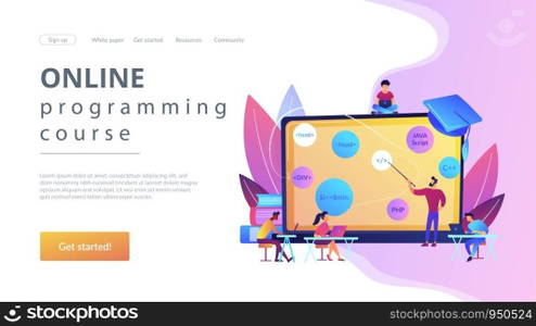 Script writing, software engineering. Coding workshop, code created workshop, online programming course, apps and games development class concept. Website homepage landing web page template.. Coding workshop concept landing page